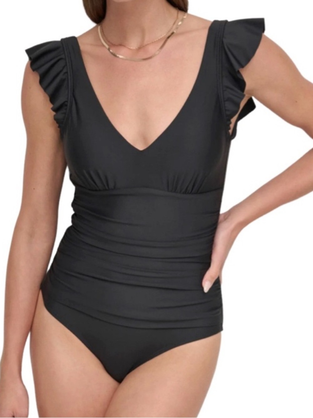 NEW DKNY One Piece Swimsuit Tummy Control Low Back Ruffle Straps Black Size S - Picture 16 of 16